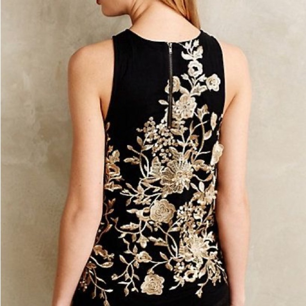 ANTHROPOLOGIE Sunday In Brooklyn Blouse XS | Black & Gold Sleeveless Floral Top - Picture 3 of 9